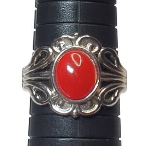 Silver Tone Ring Sz 9.5 Unsigned Red Cabochon